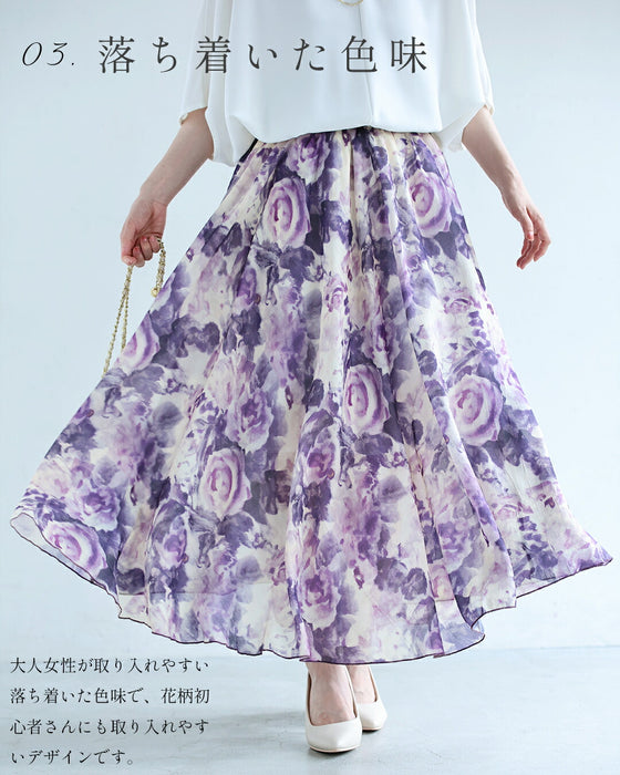 風に揺れる紫のバラ画ロングスカート