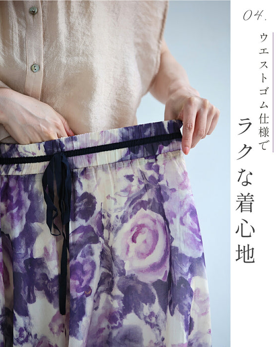 風に揺れる紫のバラ画ロングスカート