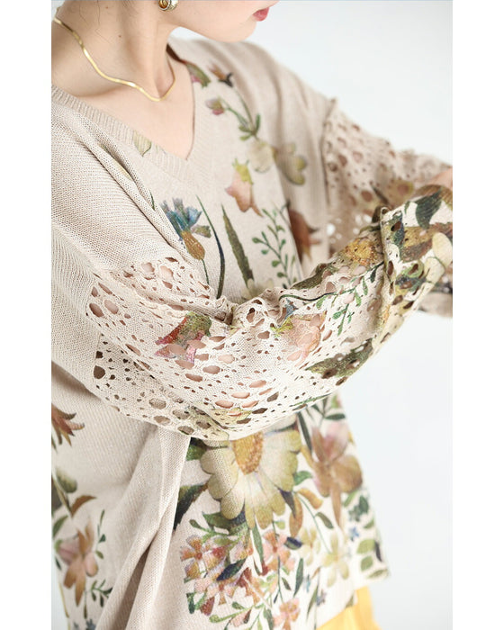 透かし編みスリーブの色とりどり花画ニットトップス