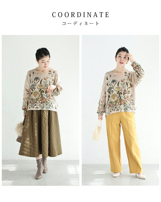 透かし編みスリーブの色とりどり花画ニットトップス