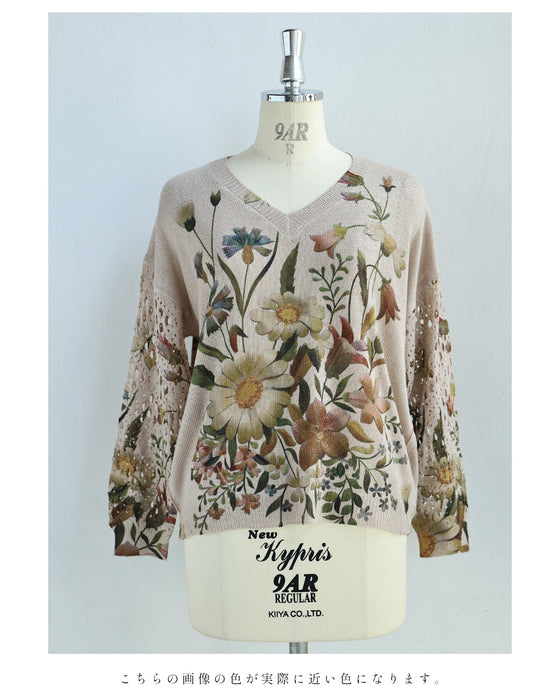 透かし編みスリーブの色とりどり花画ニットトップス