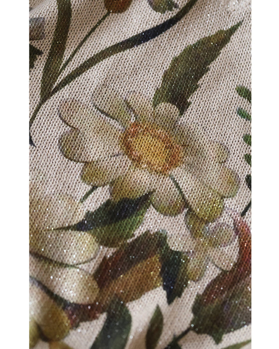 透かし編みスリーブの色とりどり花画ニットトップス