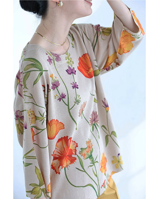 四季の花々を描くガーデンパーティーニットトップス