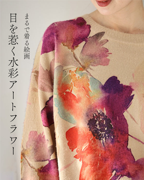 滲むアネモネ水彩画ニットトップス