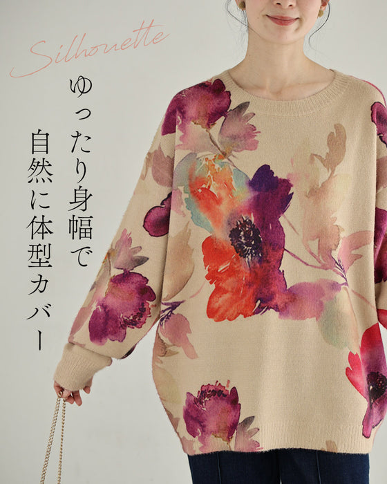 滲むアネモネ水彩画ニットトップス