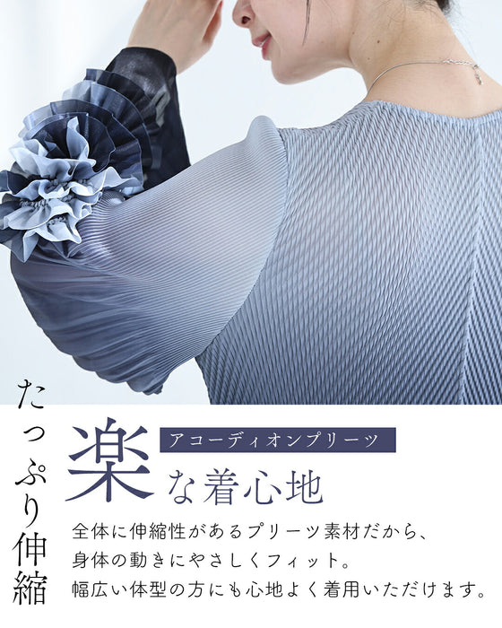大輪の花袖グラデーションプリーツロングワンピース（ベルト付き）