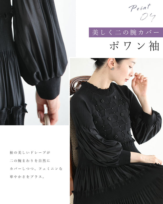ビーズ装飾の花浮かぶ艶めきプリーツロングワンピース