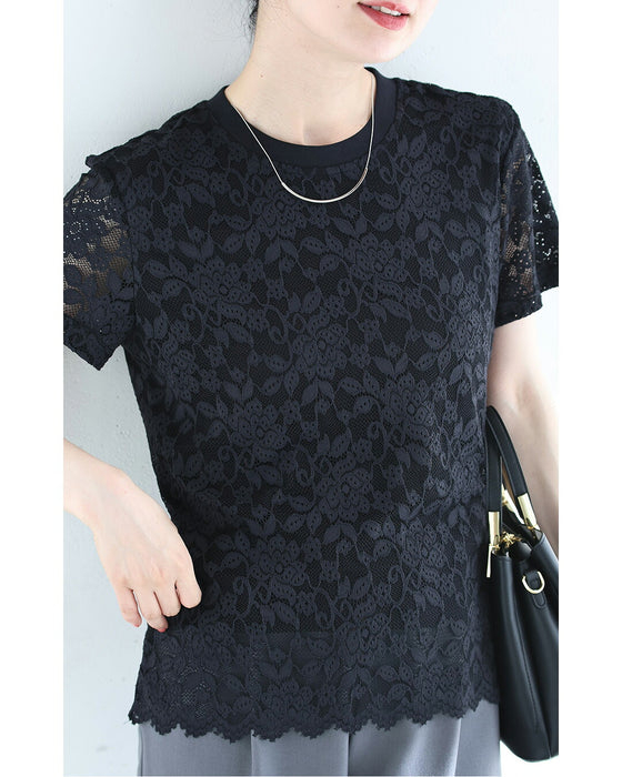 ストレスフリー。よく伸び総レースTシャツトップス