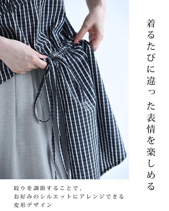 シャーリングデザインのチェック柄変形チュニック