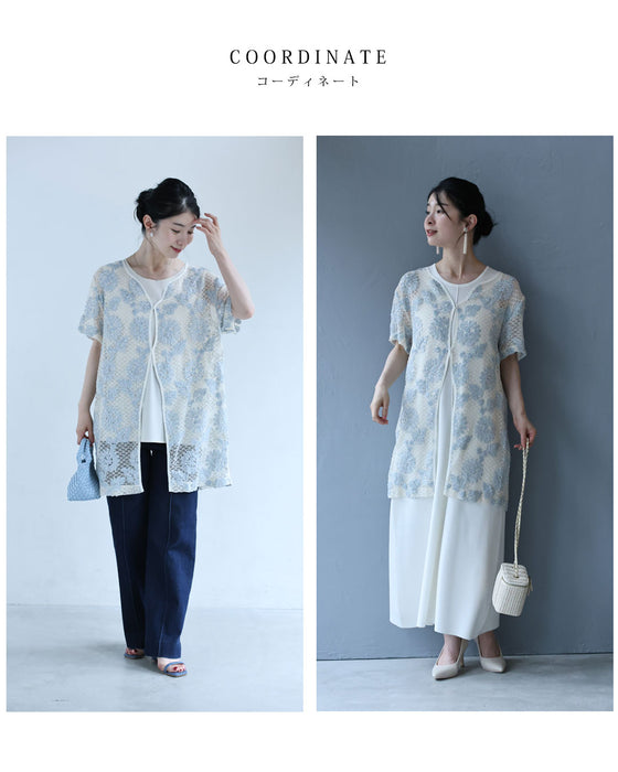 淡いブルーの花浮かぶ煌めきレースカーディガン