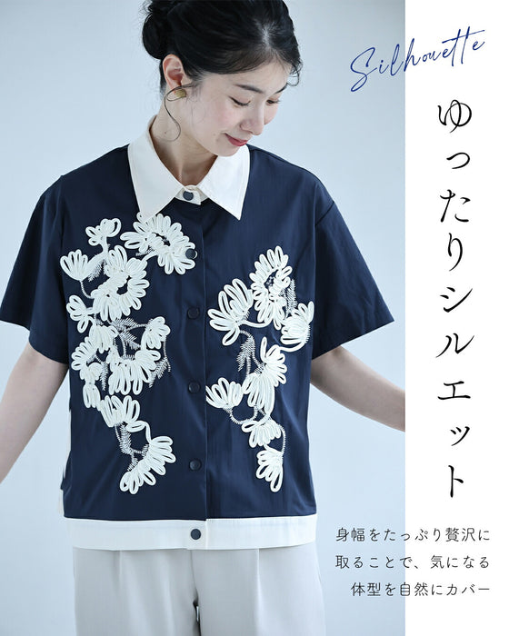 コード刺繍で描く花モチーフシャツトップス