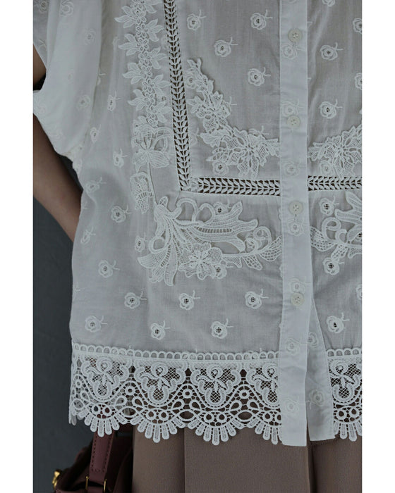 華やかレースのミニローズ刺繍シャツトップス