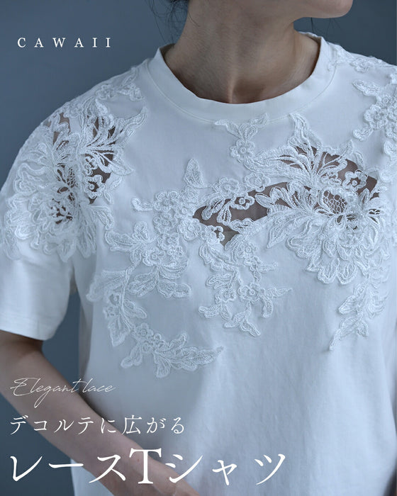 デコルテに広がるレースTシャツトップス