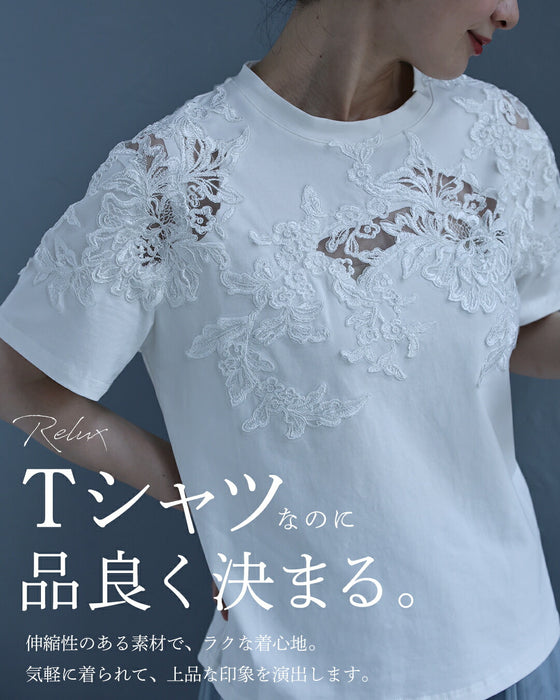 デコルテに広がるレースTシャツトップス