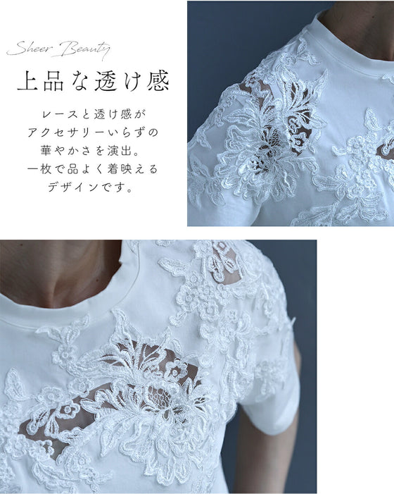 デコルテに広がるレースTシャツトップス