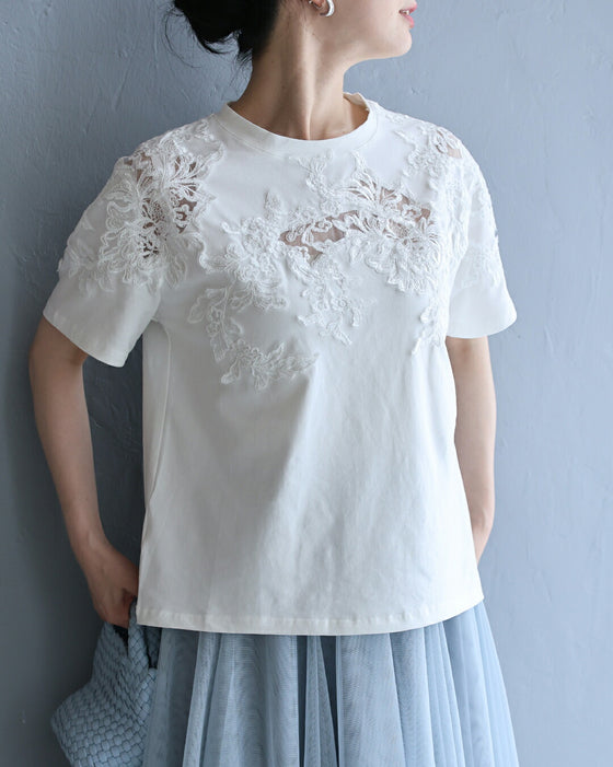 デコルテに広がるレースTシャツトップス