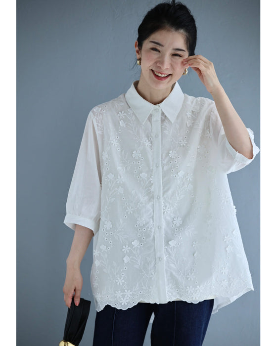 風にそよぐ花の刺繍シャツトップス