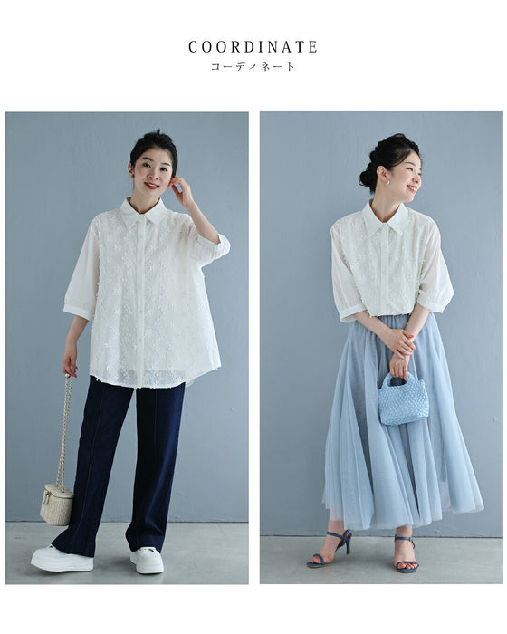 波うつ花と蝶々の刺繍ラインシャツトップス