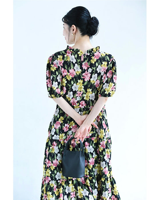 鮮やかな3色の水彩花画ロングワンピース