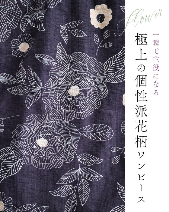 牡丹の花咲くシャーリングミディアムワンピース（紐ベルト付き）