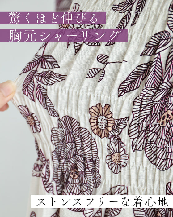 牡丹の花咲くシャーリングミディアムワンピース（紐ベルト付き）