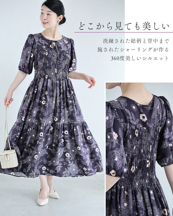 牡丹の花咲くシャーリングミディアムワンピース（紐ベルト付き）