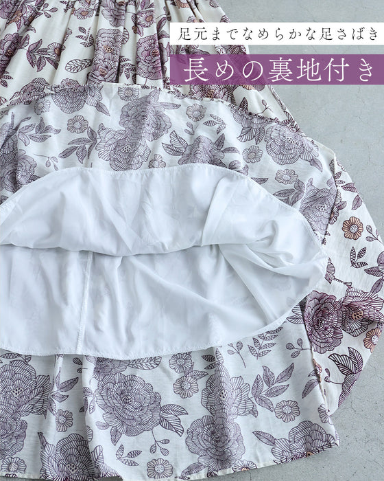牡丹の花咲くシャーリングミディアムワンピース（紐ベルト付き）
