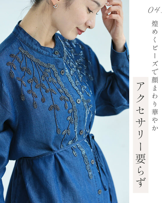 揺らめくリーフのビーズ刺繍ブラウストップス（紐ベルト付き）