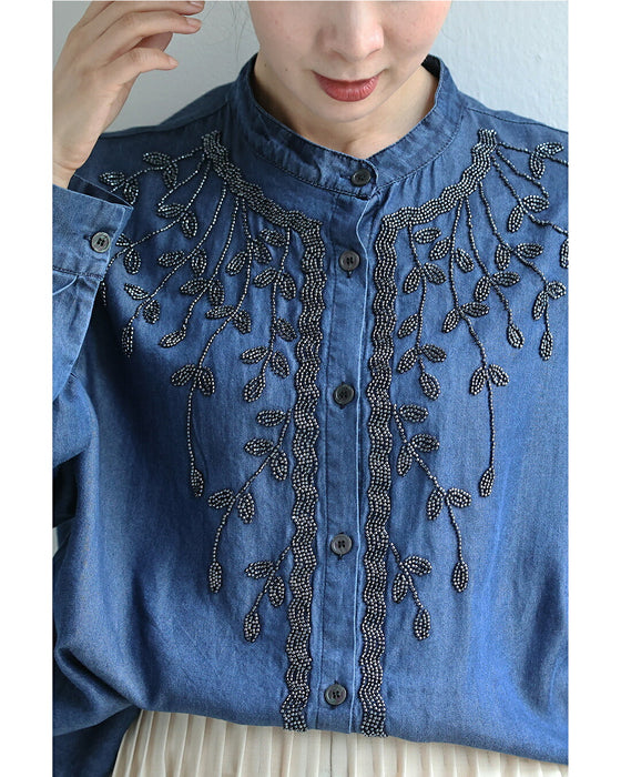揺らめくリーフのビーズ刺繍ブラウストップス（紐ベルト付き）