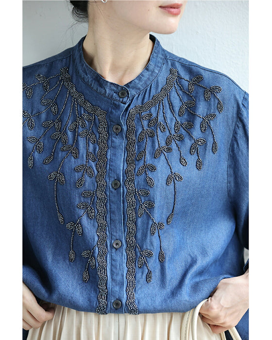 揺らめくリーフのビーズ刺繍ブラウストップス（紐ベルト付き）