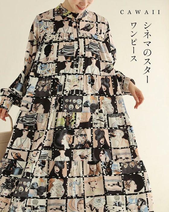 シネマの中のファッションアイコンロングワンピース（紐ベルト付き）