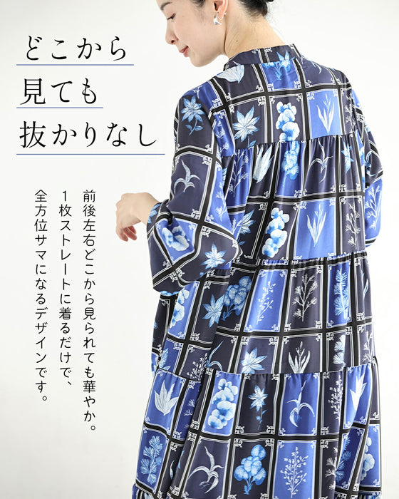 ボタニカルなカード柄ティアードロングワンピース（紐ベルト付き）