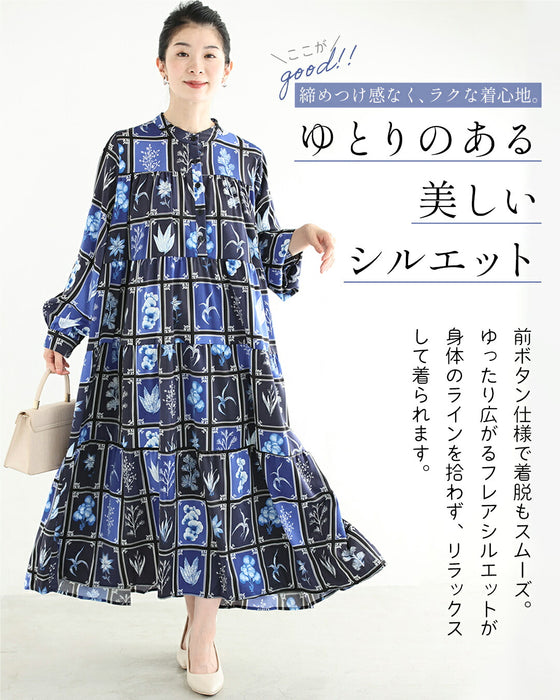 ボタニカルなカード柄ティアードロングワンピース（紐ベルト付き）