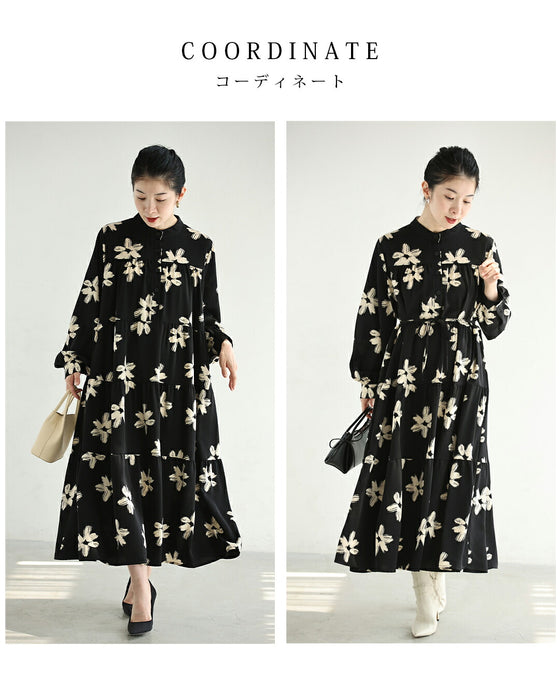 ペイントアートの花咲くロングワンピース（紐ベルト付き）