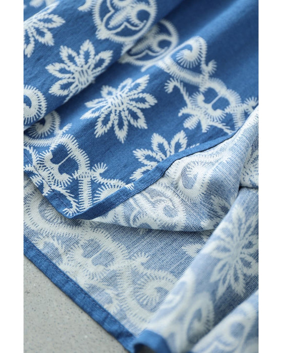 ミモザリーフの刺繍風プリントロングワンピース（紐ベルト付き）