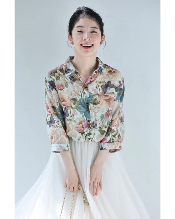 オリエンタルな花画エアリーシャツトップス