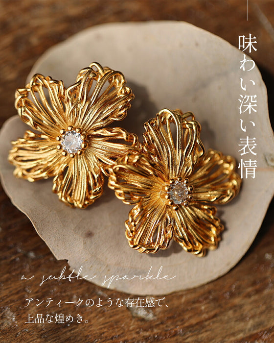 【返品・交換不可】一粒ストーンのアンティーク風フラワーピアス