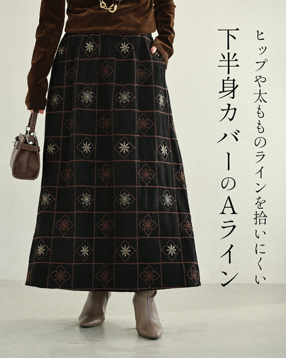 花格子刺繍スエード調ロングスカート