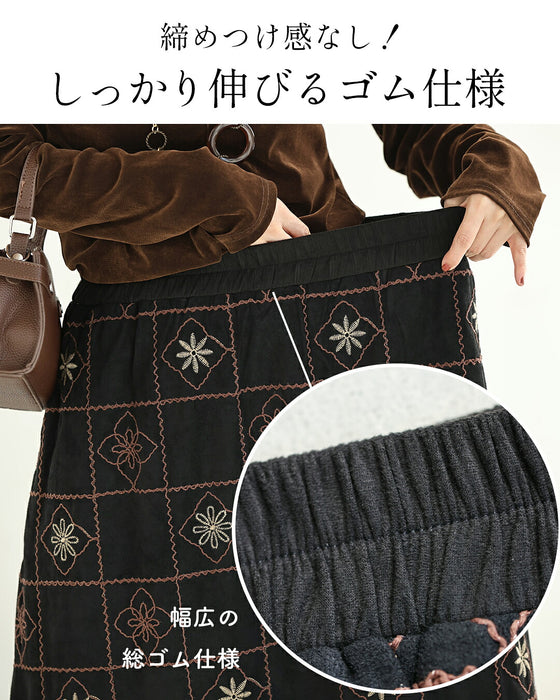 花格子刺繍スエード調ロングスカート