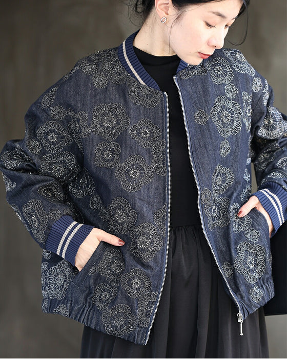 花刺繡 デニムブルゾン