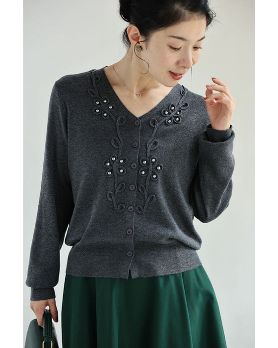 パールの花咲くコード刺繍カーディガン
