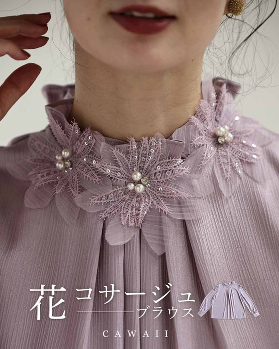 花コサージュネックブラウストップス