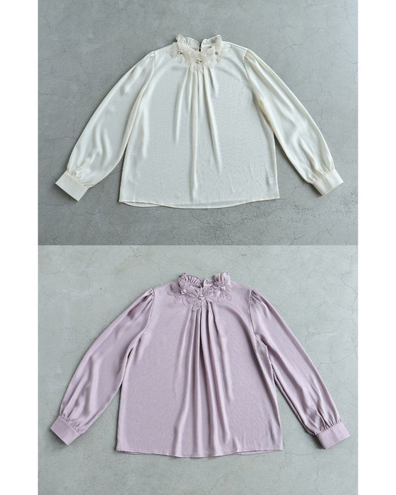 花コサージュネックブラウストップス
