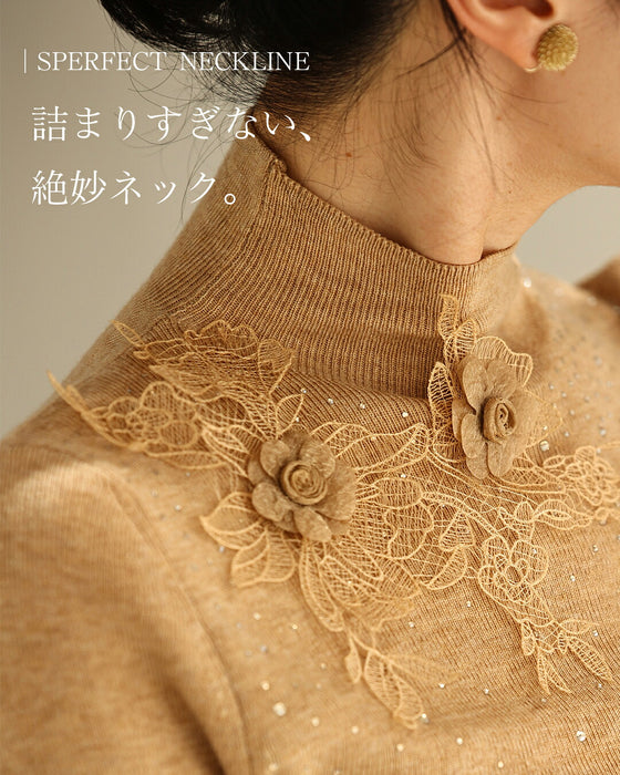 レースの花コサージュニットトップス