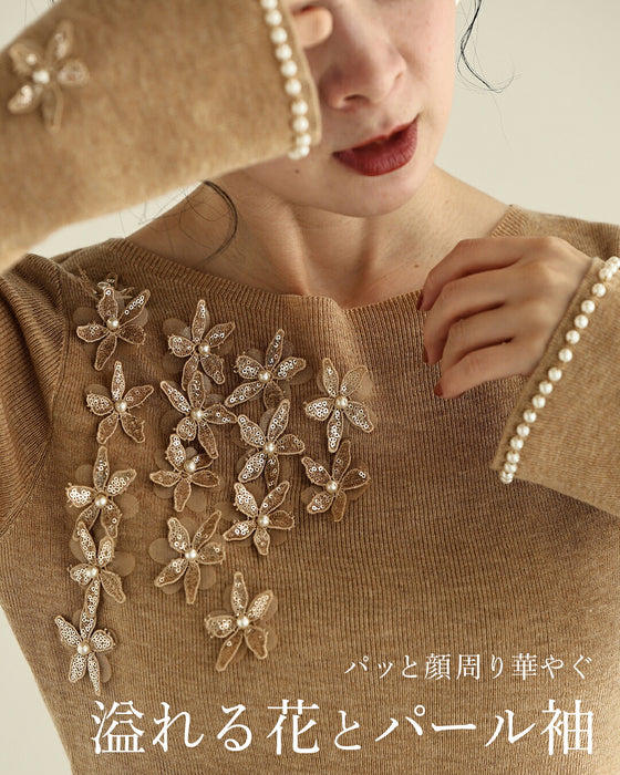 溢れる花のパール袖ニットカットソー