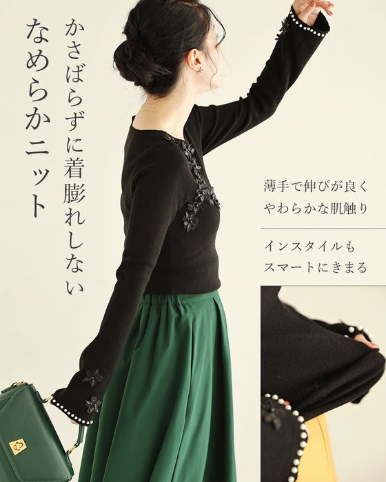 溢れる花のパール袖ニットカットソー