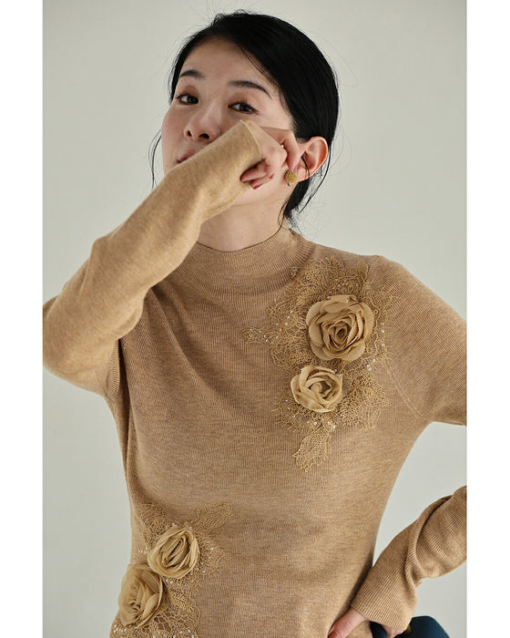薔薇コサージュニットカットソートップス