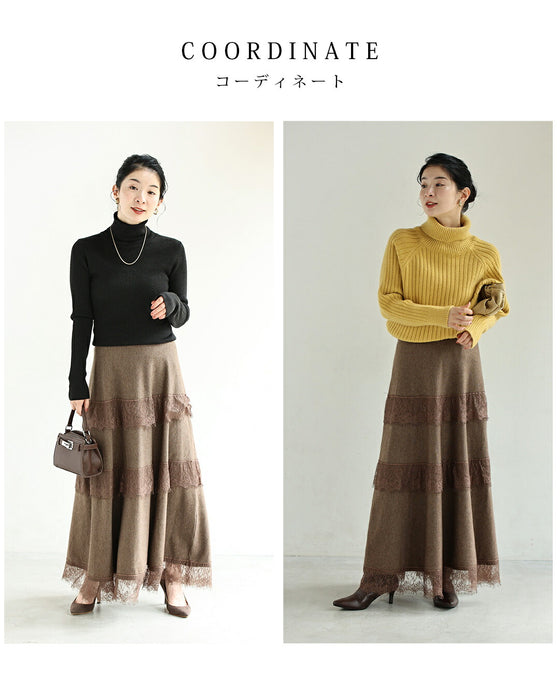 【予約商品】レース重なる柔らかニットロングスカート