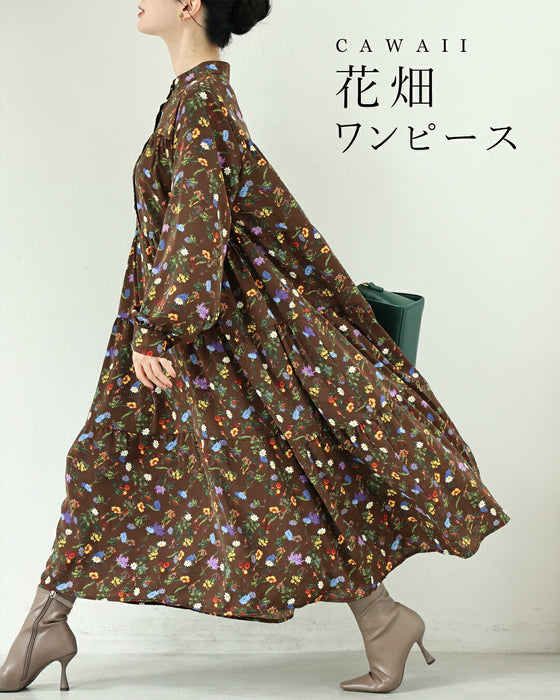 季節を彩る花畑ロングワンピース（紐ベルト付き）