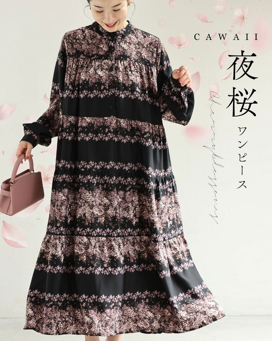夜桜ロングワンピース（紐ベルト付き）